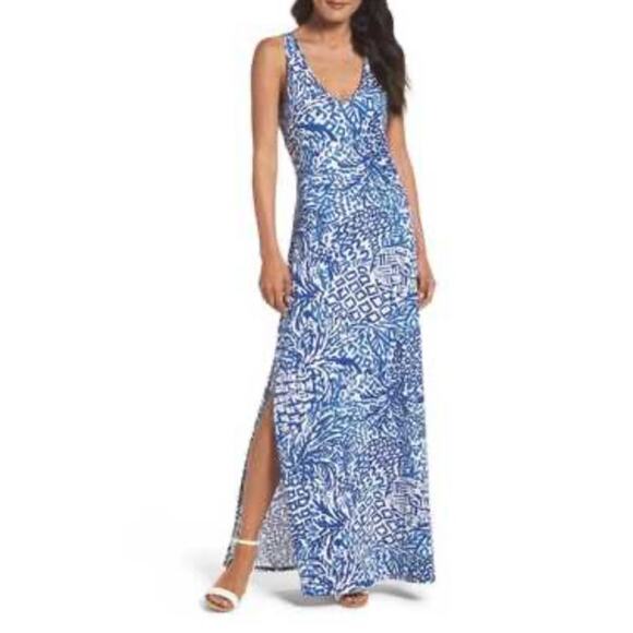 Lilly Pulitzer Kerri Maxi Dress XL Blue Indigo Pineapple Print Side Slit Resort - Picture 1 of 10